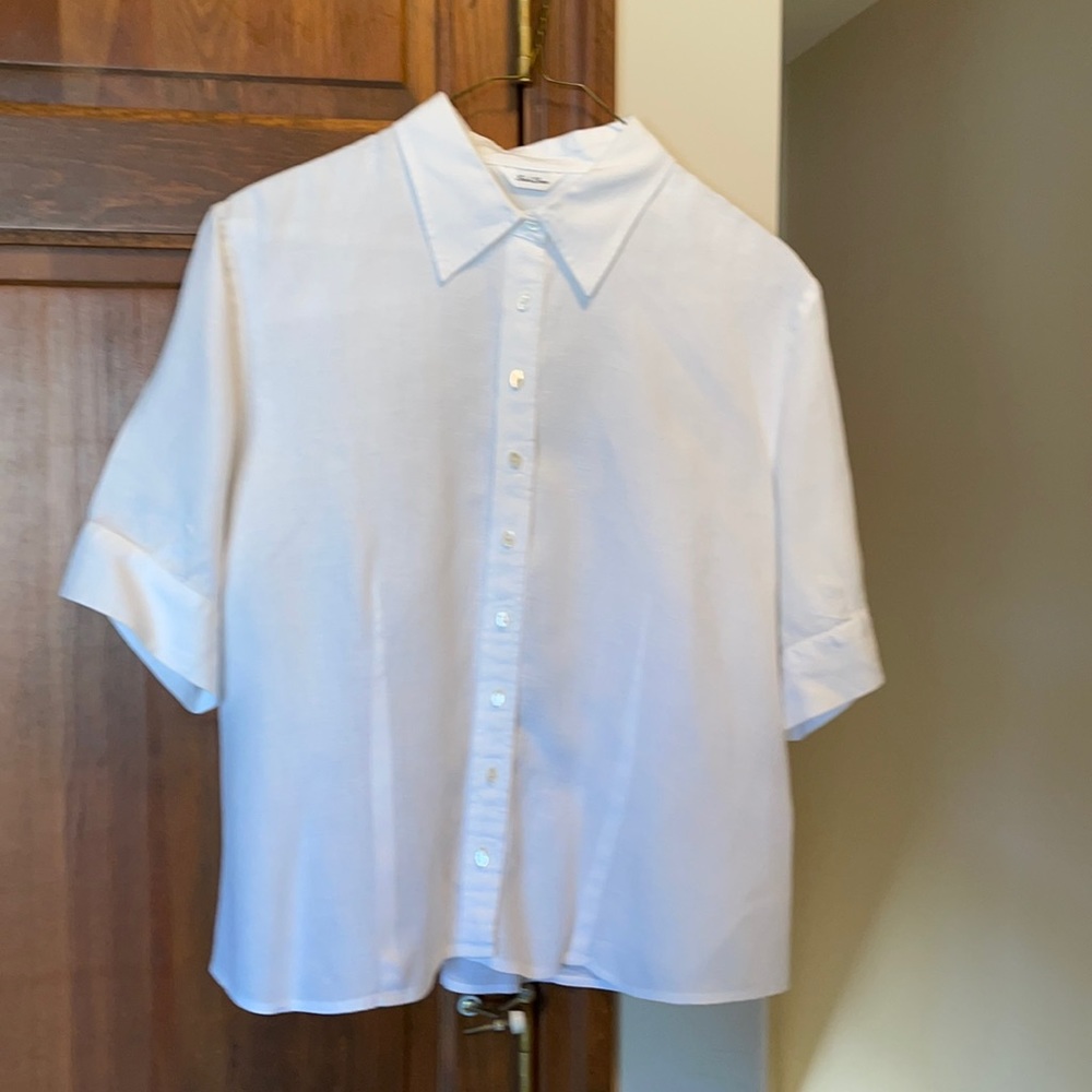 Talbots white linen blouse, short sleeves